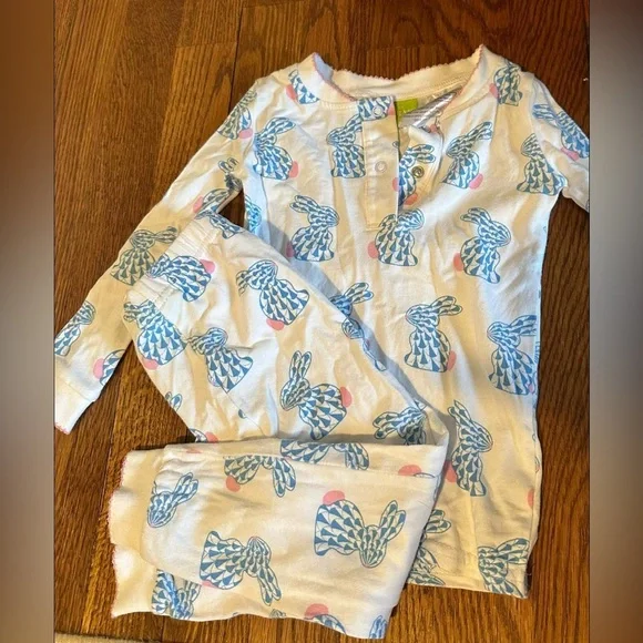 Girls White Pajama Set with Blue Bunny Print - Picture 1 of 1